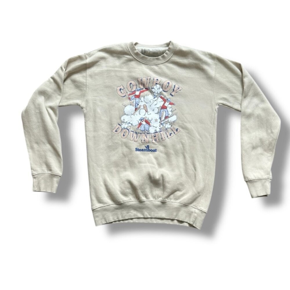 Steamboat Cowboy Downhill Tan Crewneck Sweatshirt Unisex Size Small Cowgirl EUC